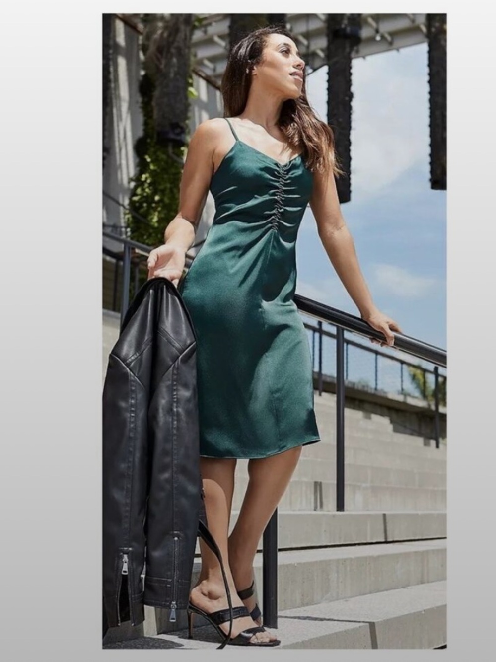 Express Emerald Green Satin Ruched Slip Dress